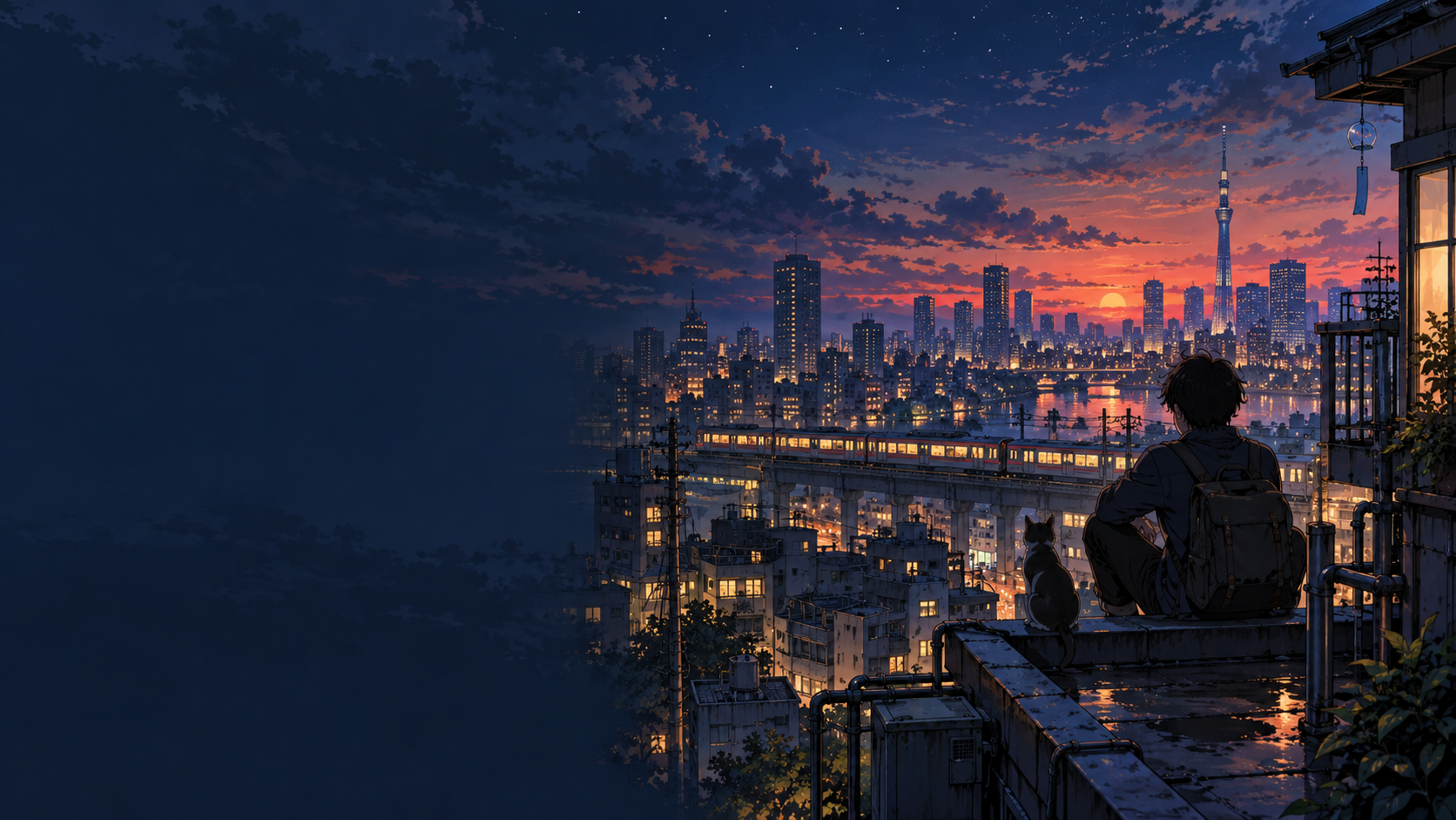 Ilustración original: una azotea japonesa frente a una ciudad iluminada al atardecer
